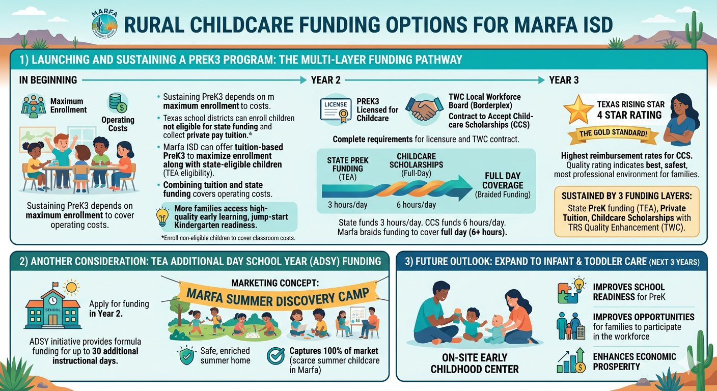 Infographic of rural childcare funding options for Marfa ISD, showing how state pre-K funding, tuition, and childcare scholarships can be braided together
